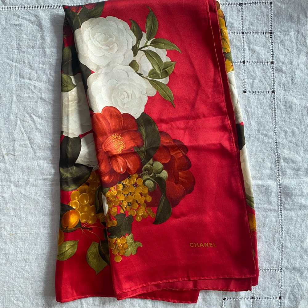 Authentic Chanel Silk Red with Fruit & Camelia Floral Print Vintage Scarf